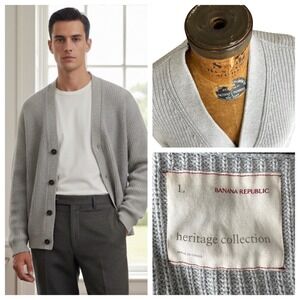 Banana Republic Heritage Grey Ribbed Cardigan Mens L Cotton Preppy Safari Y2K